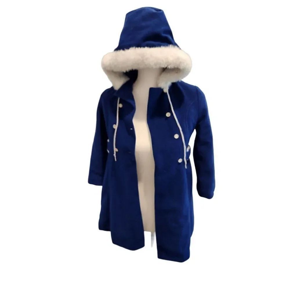 Ellerie Fashion Vintage 70s Blue Dress Coat Faux Fur Hood Girls M